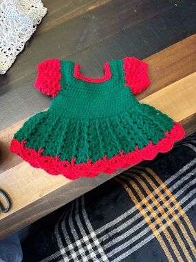 Handmade Crocheted Baby Dress in Green and Red